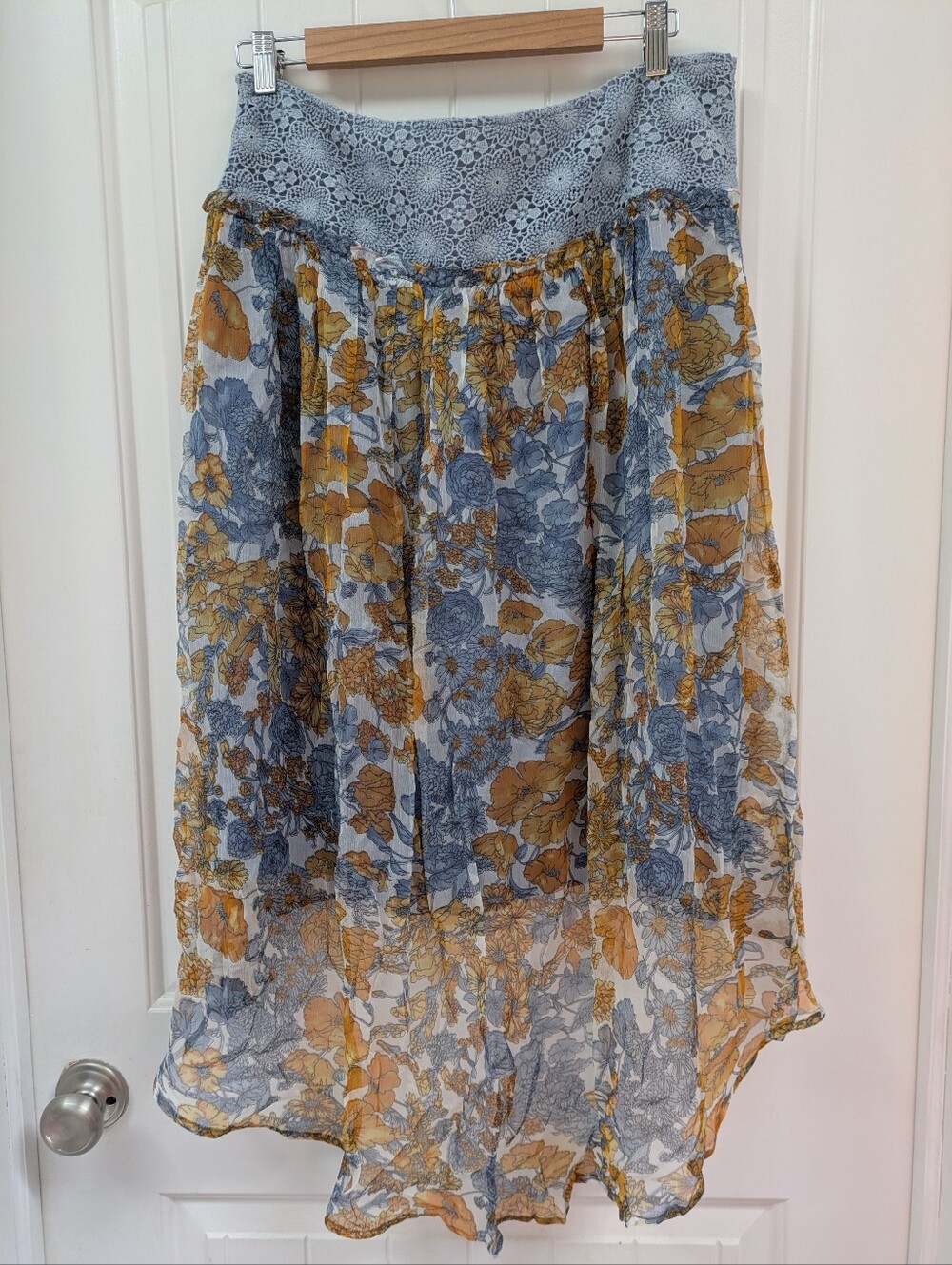 Blue Tassel Silk Chiffon Floral Midi Skirt in Mustard and Blue- Anthropologie - Picture 5 of 9